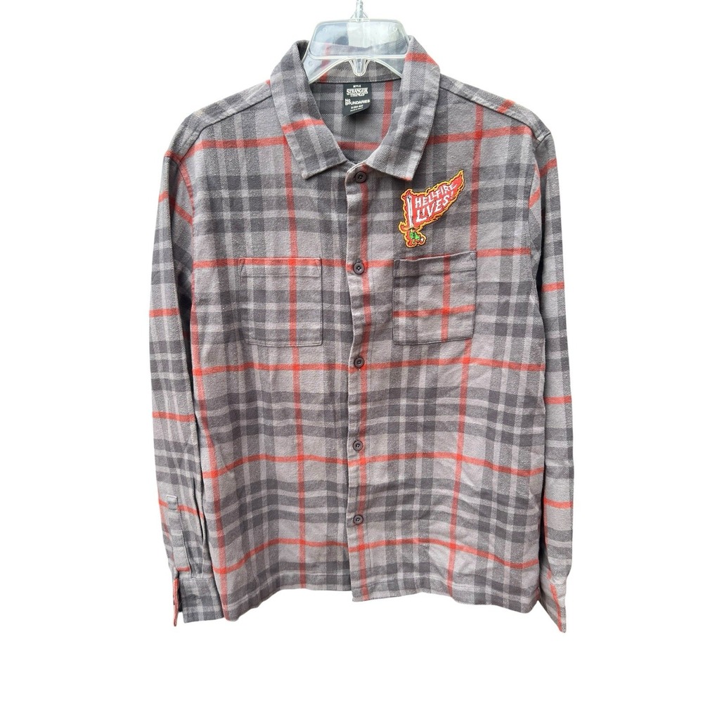 Stranger Things Hellfire Club Plaid Flannel Shirt Men's Small Netflix Gray Red